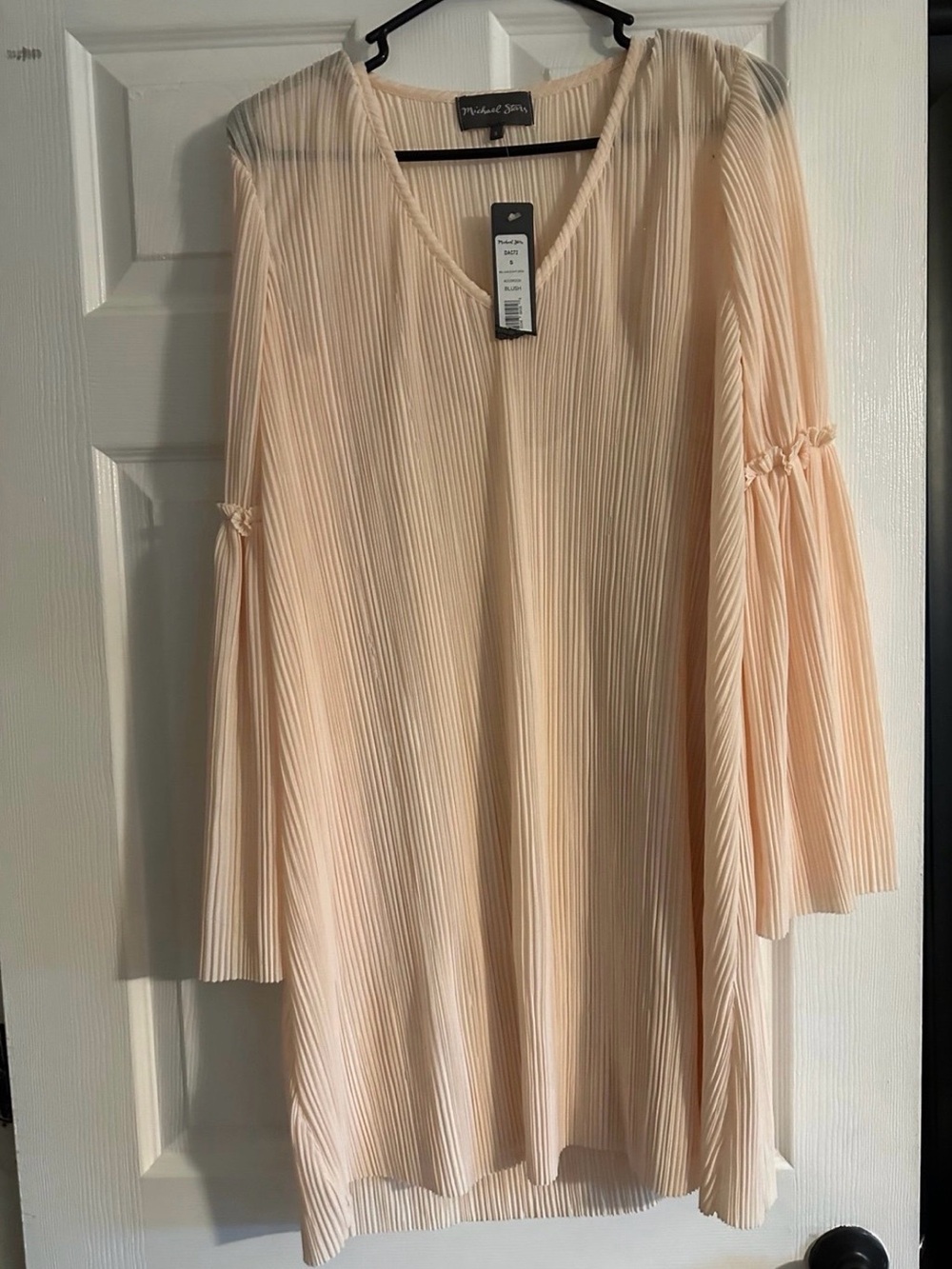 Michael Stars Pleated V Neck Shift Dress And Long Bell Sleeve